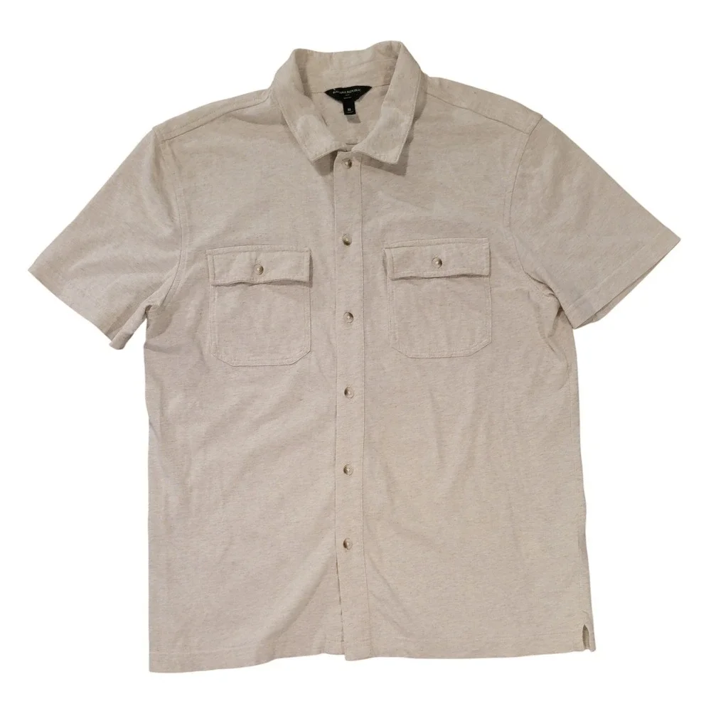 Banana Republic Mens Slim Fit Short Sleeve Button Down Shirt M Heather‎ Beige